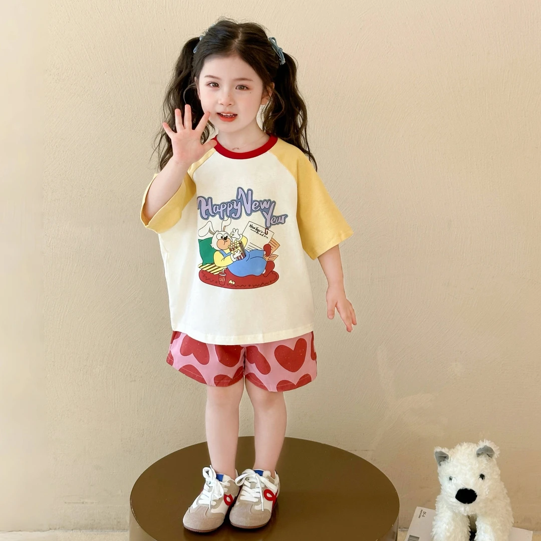 女童卡通T恤套装夏季新款洋气休闲短裤女宝运动薄款印花两件套韩