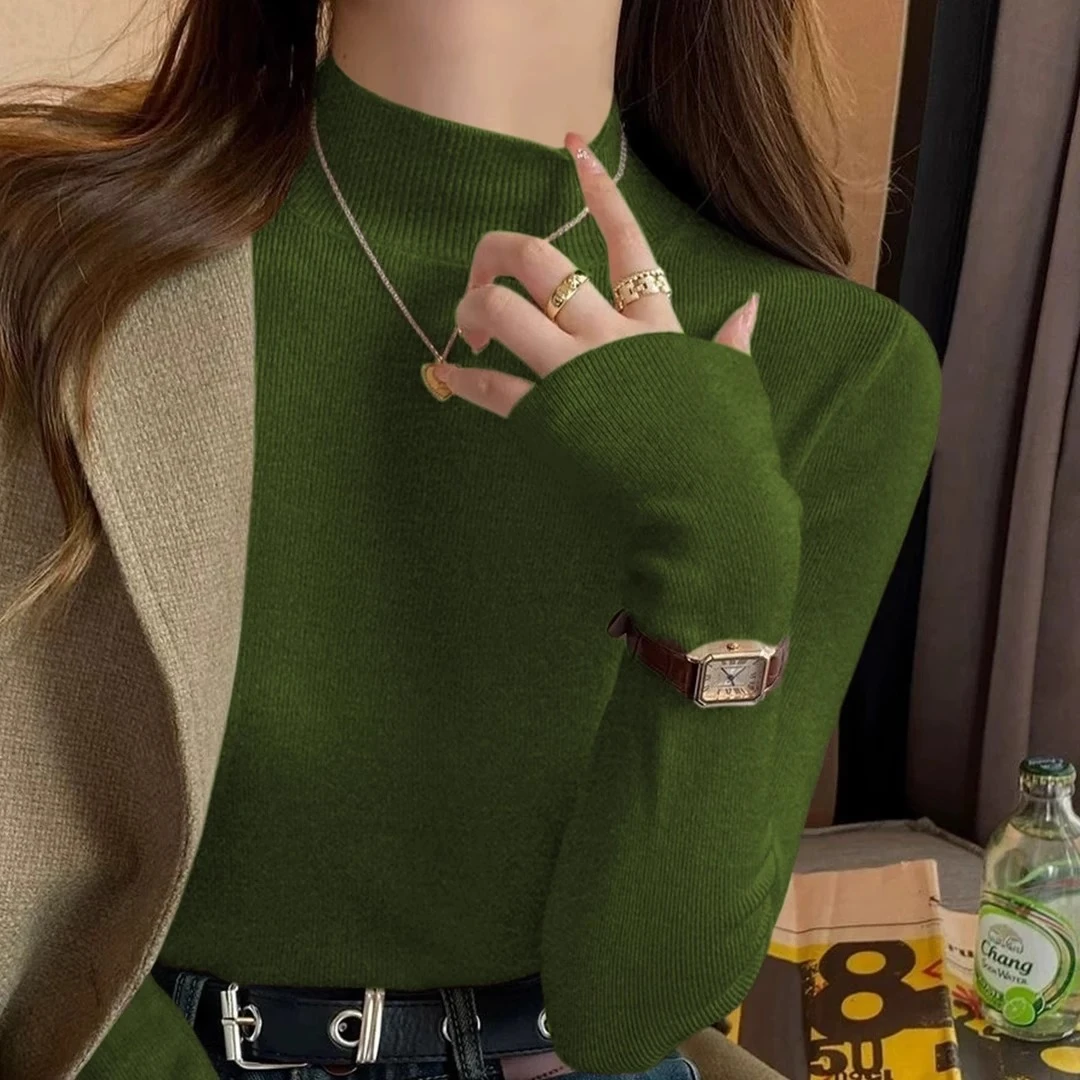 半高领打底衫女春秋薄款修身内搭针织高级感牛油果绿简约上衣新款