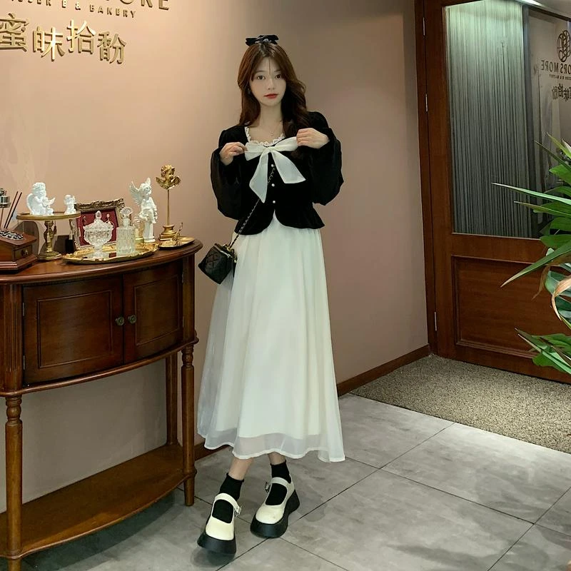 2025年秋装大码女装新款胖mm假两件丝绒连衣裙女蝴蝶结上衣拼接裙