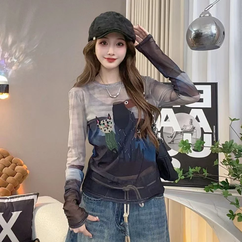 笑歌-涂鸦网纱长袖T恤微透修身显瘦时尚-新款