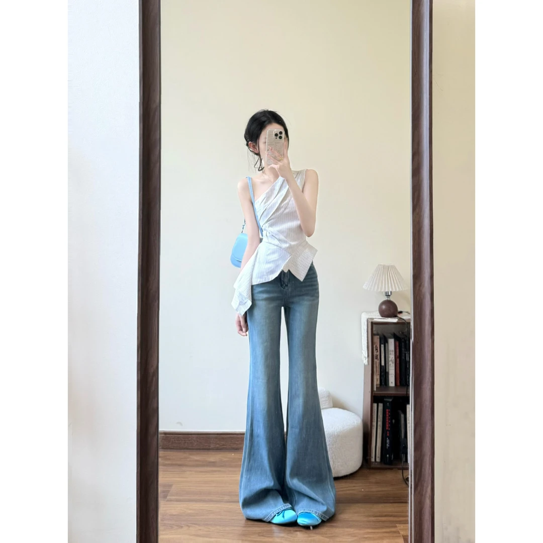 MARIE.COCO高级感时尚气质斜肩吊带上衣女辣妹高腰微喇牛仔裤套装