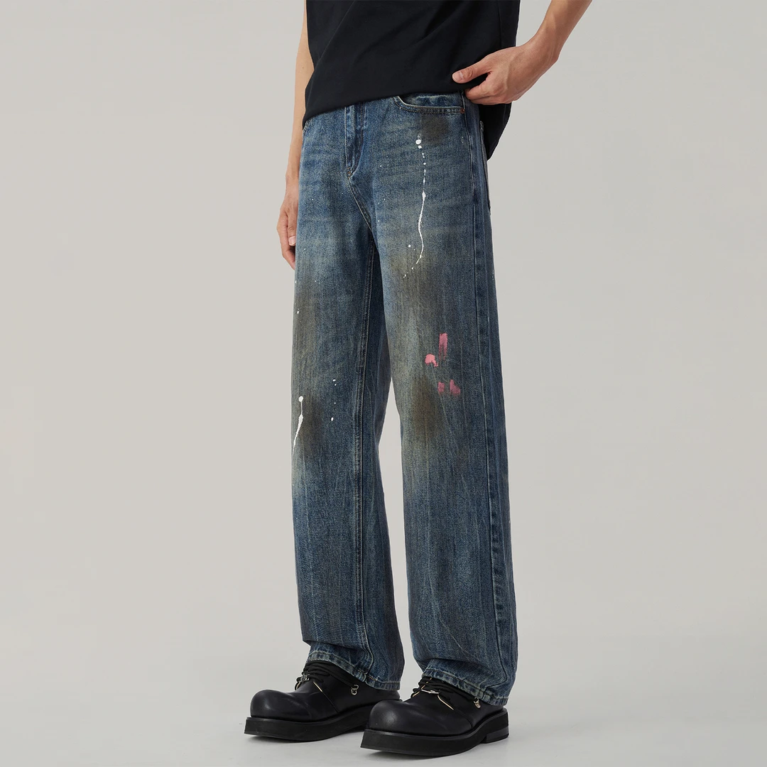 EP泼墨做旧设计感宽松直筒牛仔裤男美式高街手绘涂鸦炸街长裤子潮