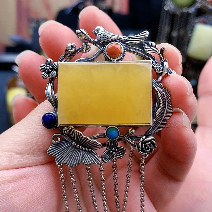 琥珀裸石银S925镶嵌坠