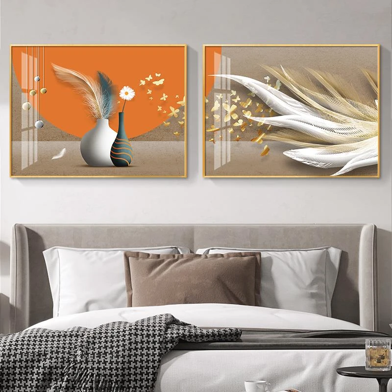 轻奢两联卧室床头装饰画温馨花卉简约现代挂画房间背景墙羽毛壁画