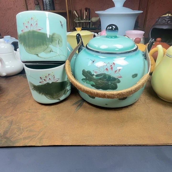 茶壶紫砂手绘大茶壶容量1000一壶配二个杯子