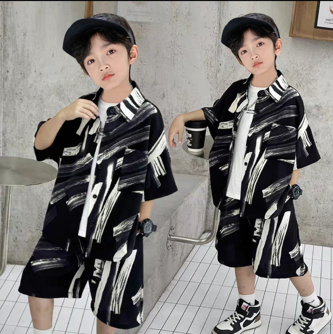 G300（水墨条纹）夏季中大童男孩洋气薄款冰凉帅气套装休闲男童