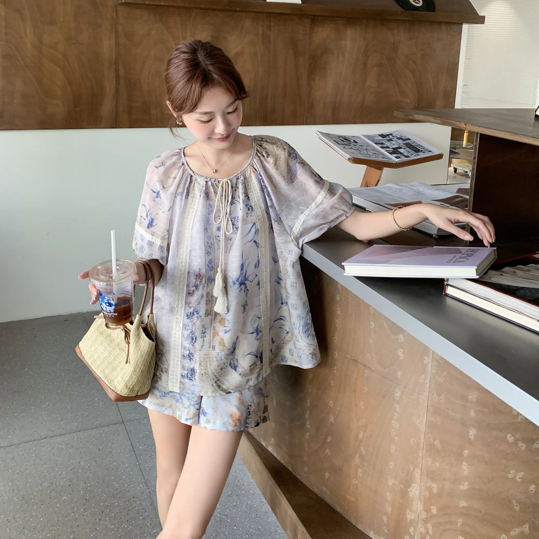 【晨夕专属】印花短袖上衣短裤套装女2025夏季新款小个子气质两件套