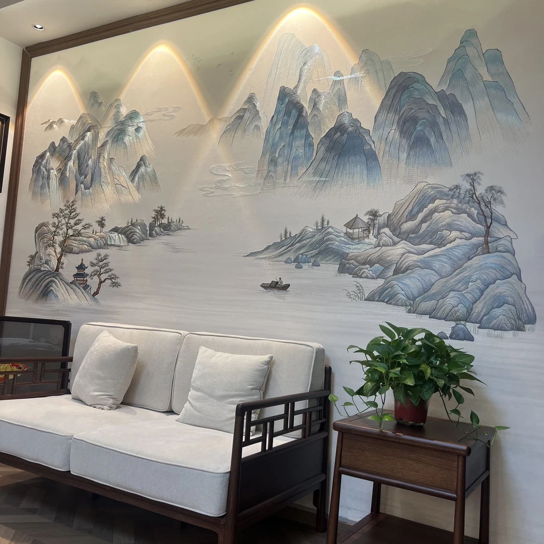 新中式高定独绣工艺山水悠然山居图刺绣背景墙西子绣独绣背景墙布