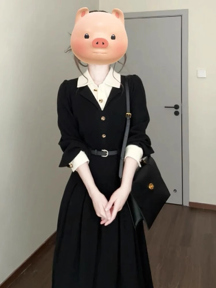 0350新款小香风黑色假两件连衣裙子女春季通勤气质长裙