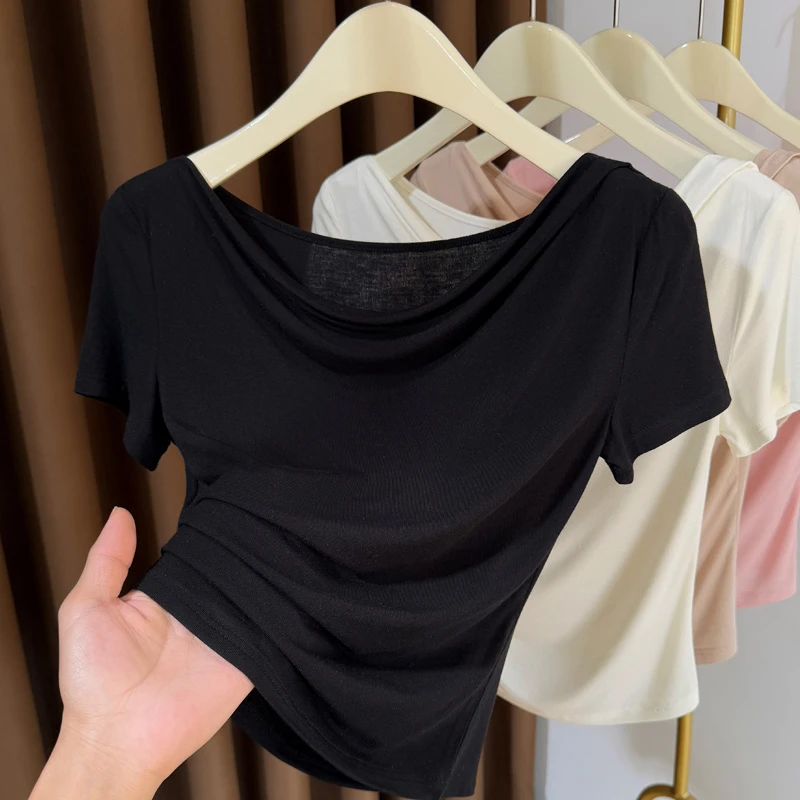 短袖露锁骨荡领莫代尔T恤女短袖纯欲风一字斜肩收腰高级感上衣女