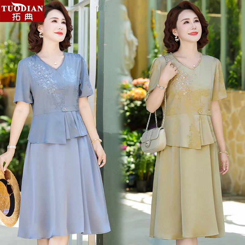 2025新款妈妈夏季连衣裙中老年女装贵夫人时尚显瘦气质雪纺裙子