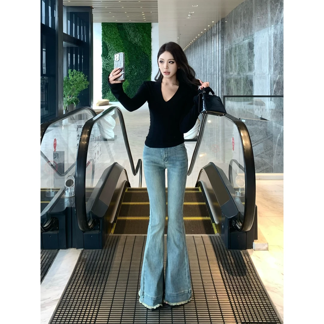 IFMR春夏季2025新款微喇叭高腰修身牛仔裤子女显瘦弹力小个子毛边