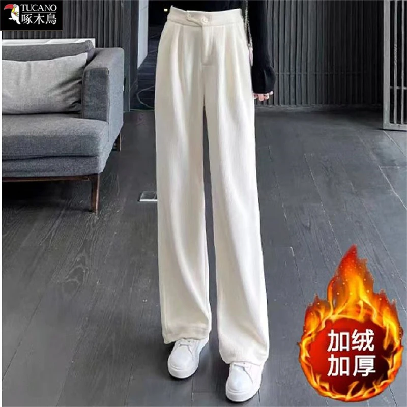 啄木鸟2025灯芯绒裤子女秋冬新款高腰显瘦宽松直筒雪尼尔条绒休闲