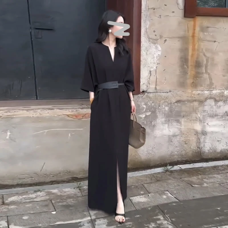 【有运费险】法式慵懒风设计感显瘦长裙2025早秋新款收腰系带连衣裙