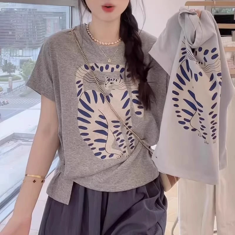 侧扣收腰百搭显瘦上衣夏季新款胖MM大码女装猫咪印花灰色短袖T恤