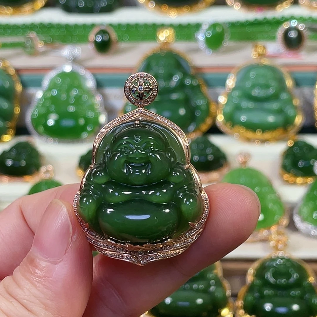 颈饰18K金镶嵌和田玉（碧玉）帝王绿佛公30mm