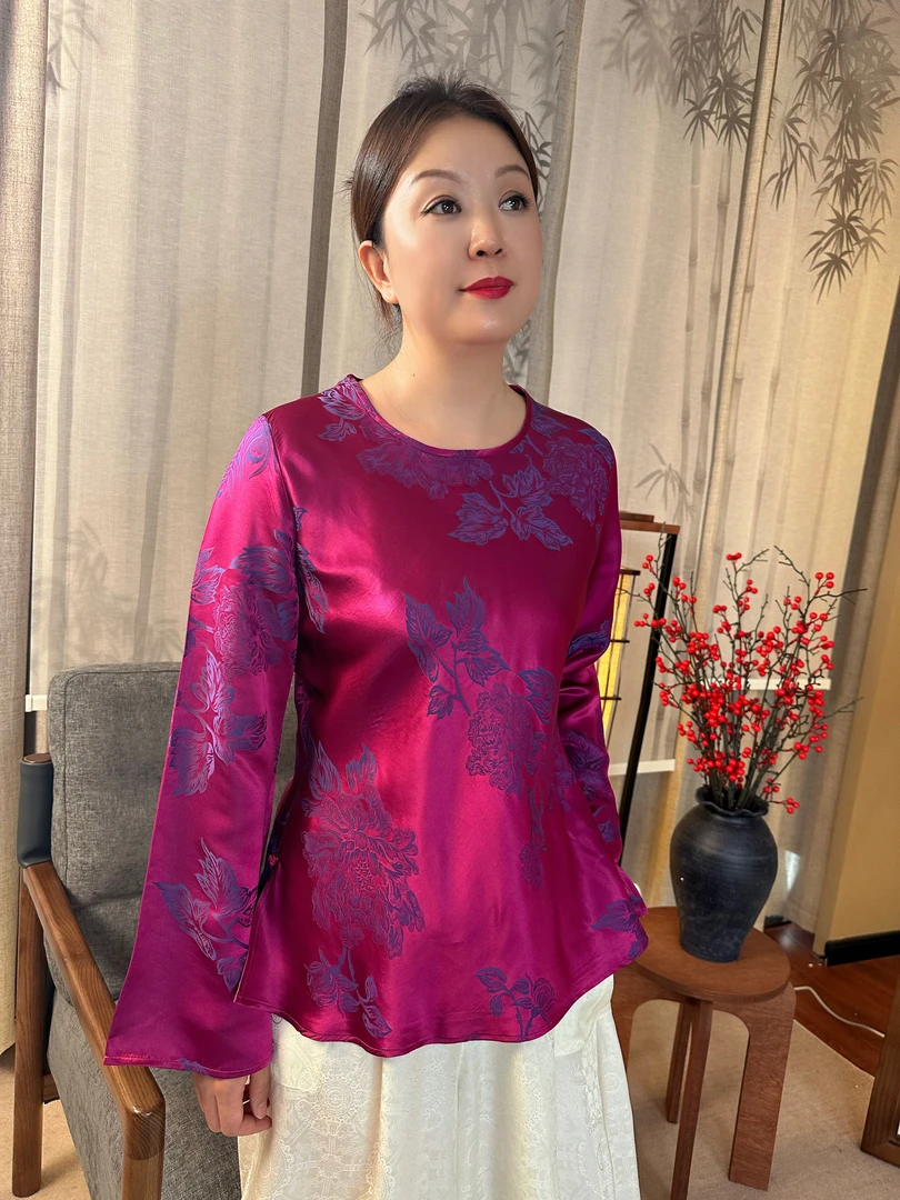 圆领套头复古高档提花新中式上衣女打底时尚国风女装衬衫小衫