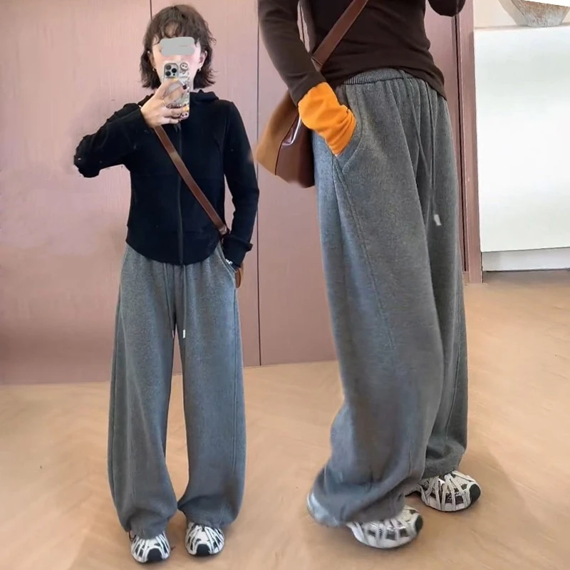 慵懒松弛感抽绳加绒糯米裤女秋冬宽松加厚弯刀卫裤两穿休闲阔腿裤