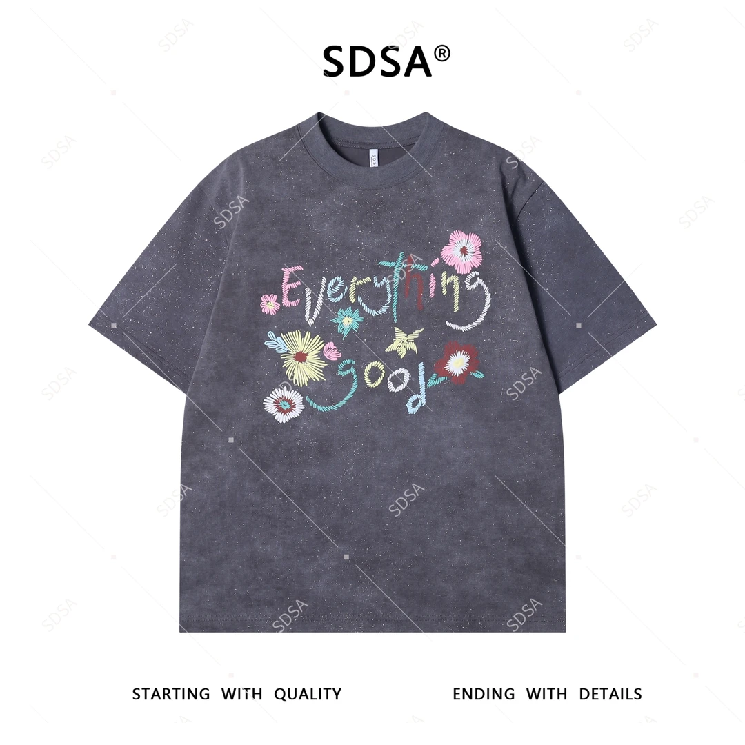 夏季高级感新款男士韩系满天星彩色字母花朵印花短袖T恤时尚百搭