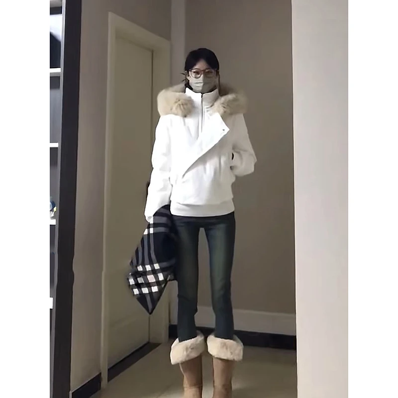 白色短款连帽排骨羽绒棉服女冬季2025新款小个子加厚保暖上衣外套