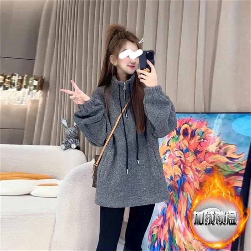 冬季新款休闲女装设计感洋气半拉链长袖卫衣宽松显瘦加绒保暖上衣