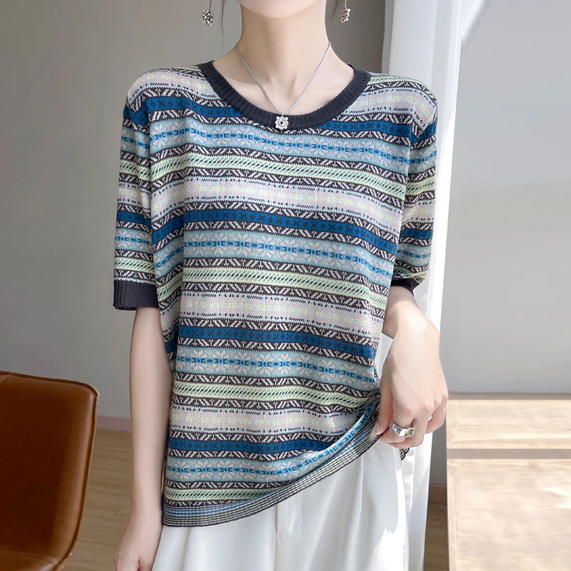 【100天丝】民族风复古提花 圆领撞色针织衫 夏季薄款冰感短袖