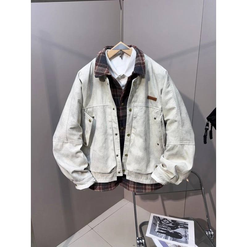 DeweLvum新款假两件牛仔加厚加绒外套男宽松休闲百搭上衣外套男装