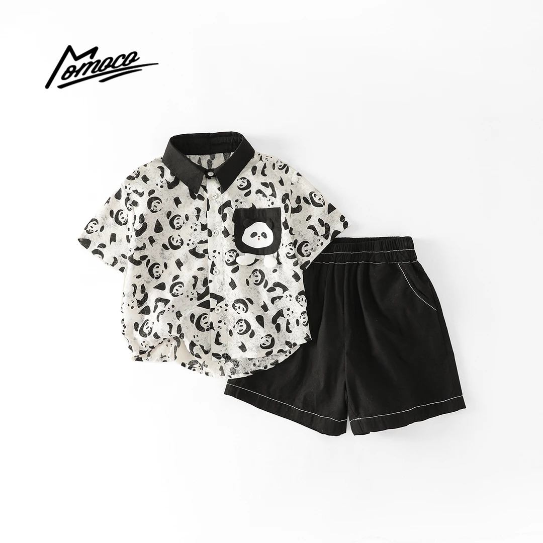 MOMOCO夏季款男童洋气熊猫短袖衬衫套装两件套77230578086