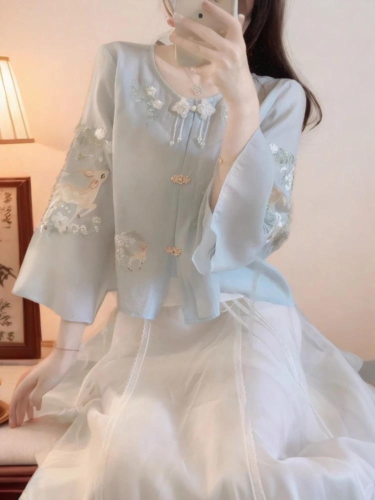 新中式国风改良汉服盘扣上衣衬衫女甜美时尚洋气半身裙漂亮套装裙