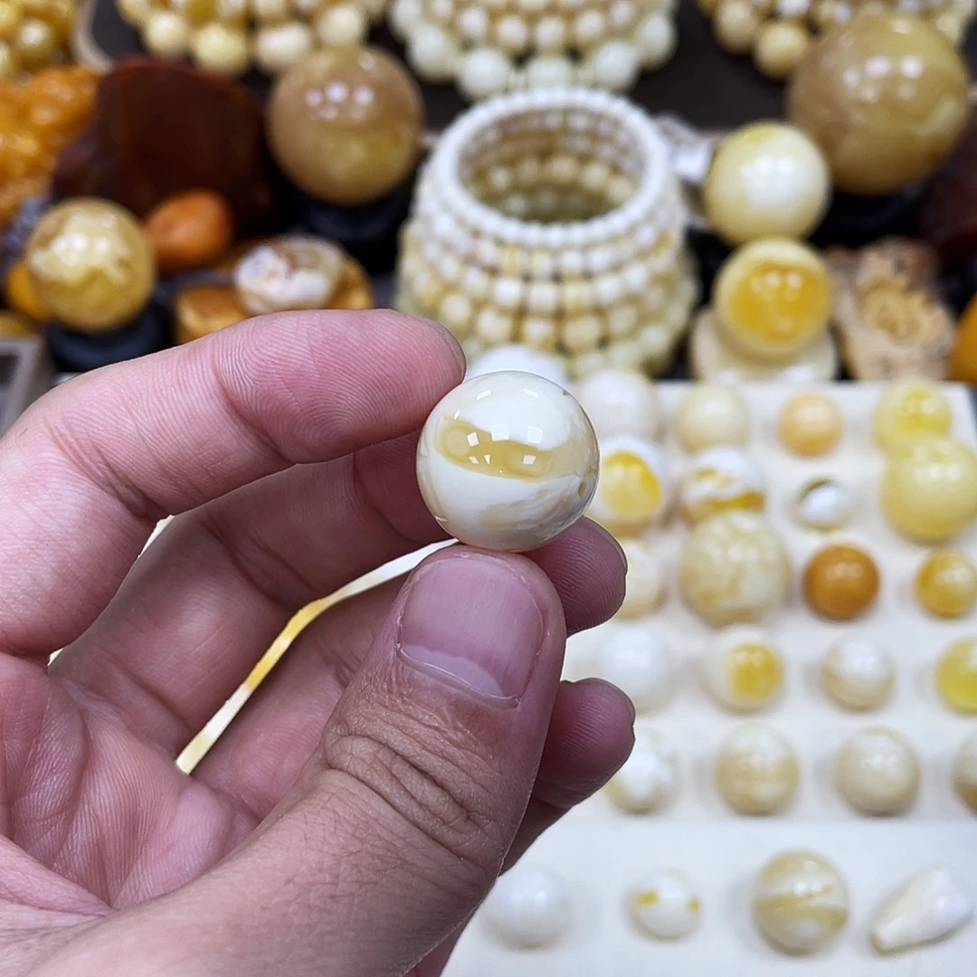 蜜蜡未镶嵌珠宝奇石18.3mm【一线天妖花石膏瓷白】圆珠