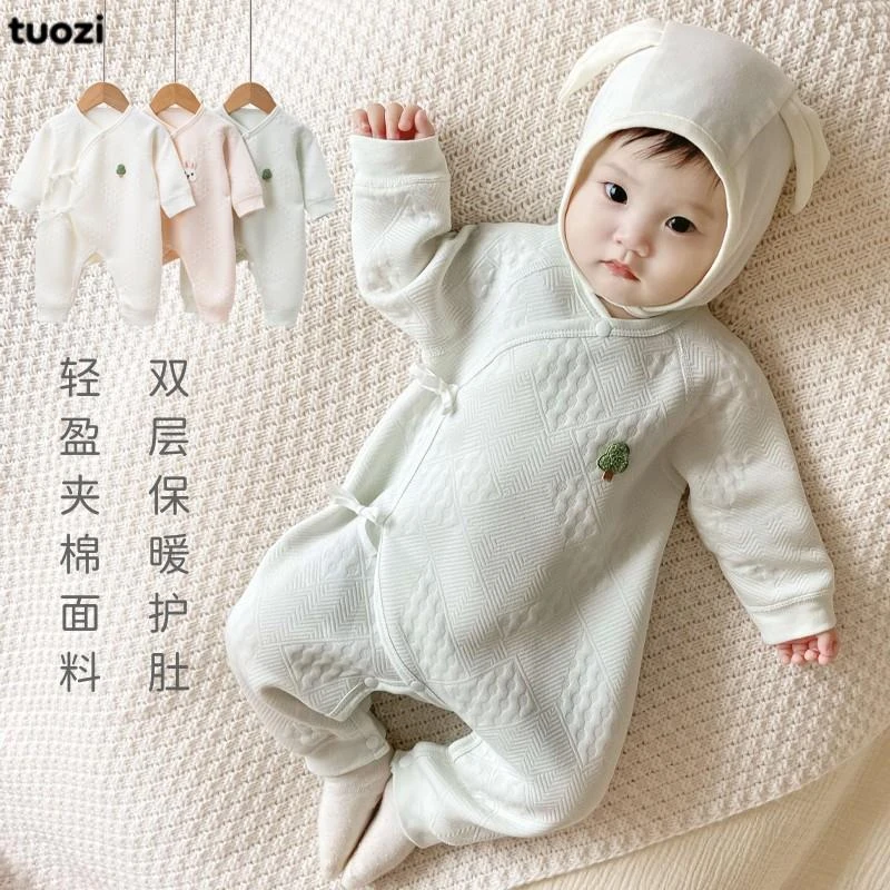 婴儿秋秋衣服宝宝护肚蝴蝶衣新生儿冬季保暖连身衣夹棉哈衣棉爬服