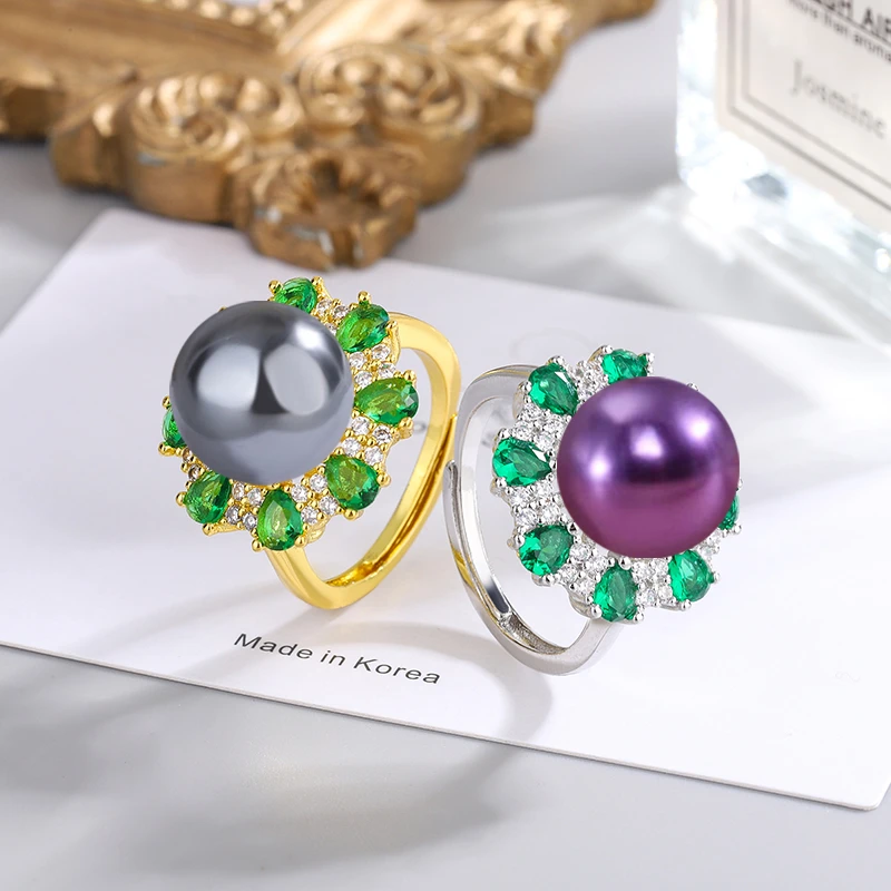 黄铜锆石戒指 开口可调节粉白金色仿珍珠指环镶锆石仿翡翠戒指女