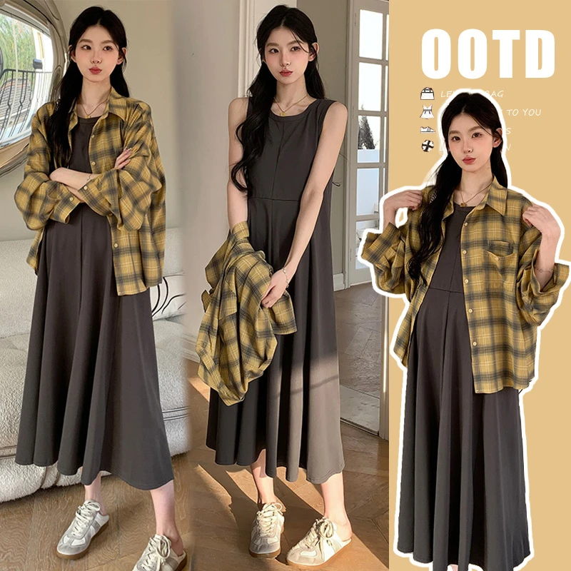 2025新款孕妇春装连衣裙时尚宽松格子长袖衬衣春季背心裙孕妇套装