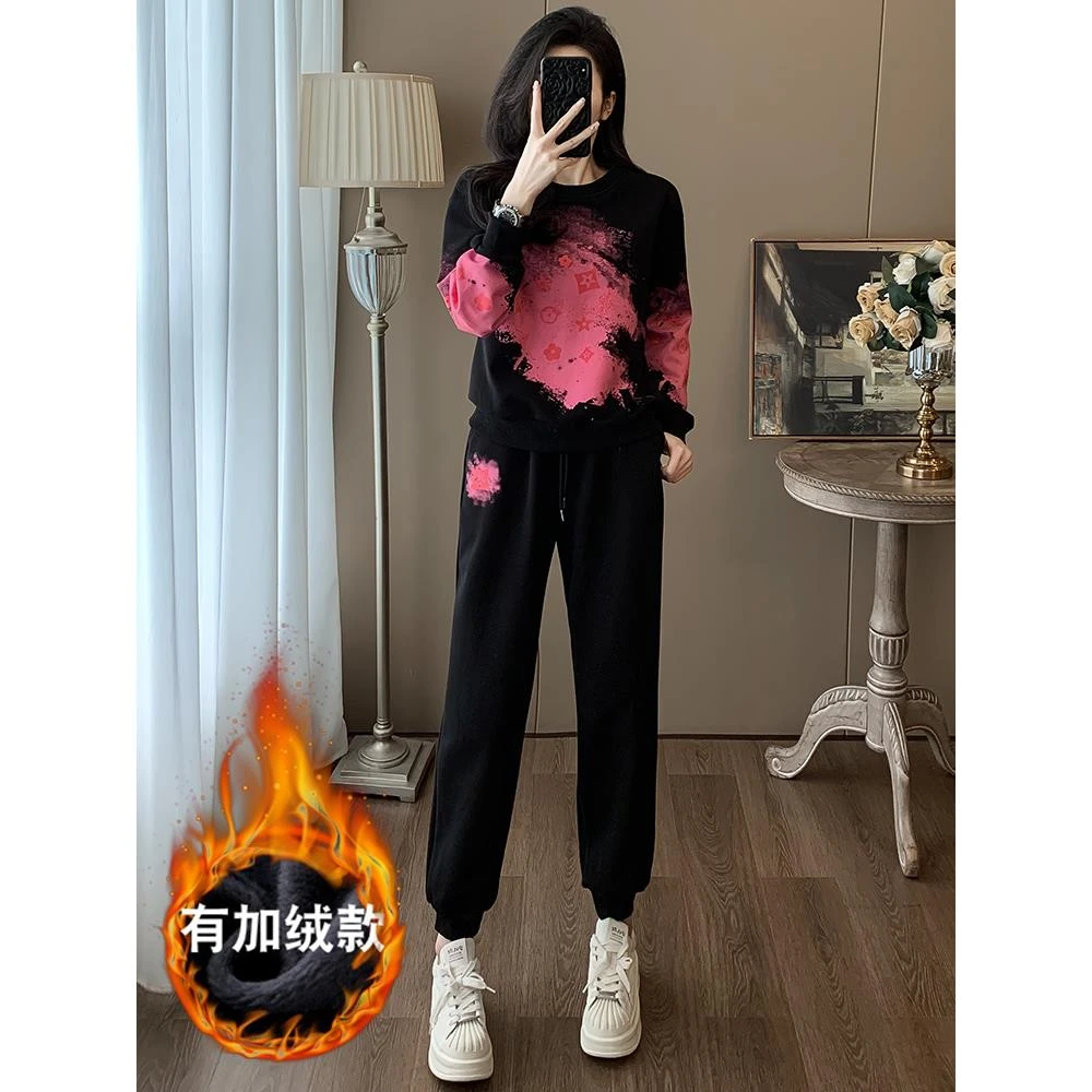 冬季新款欧货小众休闲运动套装女时尚潮流黑色长袖卫衣卫裤两件套