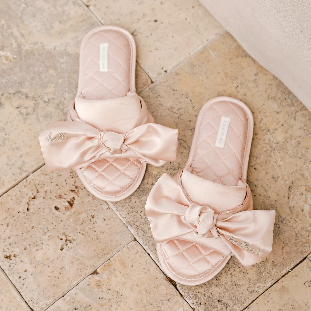 Halluci粉色蝴蝶结家居拖鞋 轻奢室内鞋 甜美logo字母 丝滑亲肤