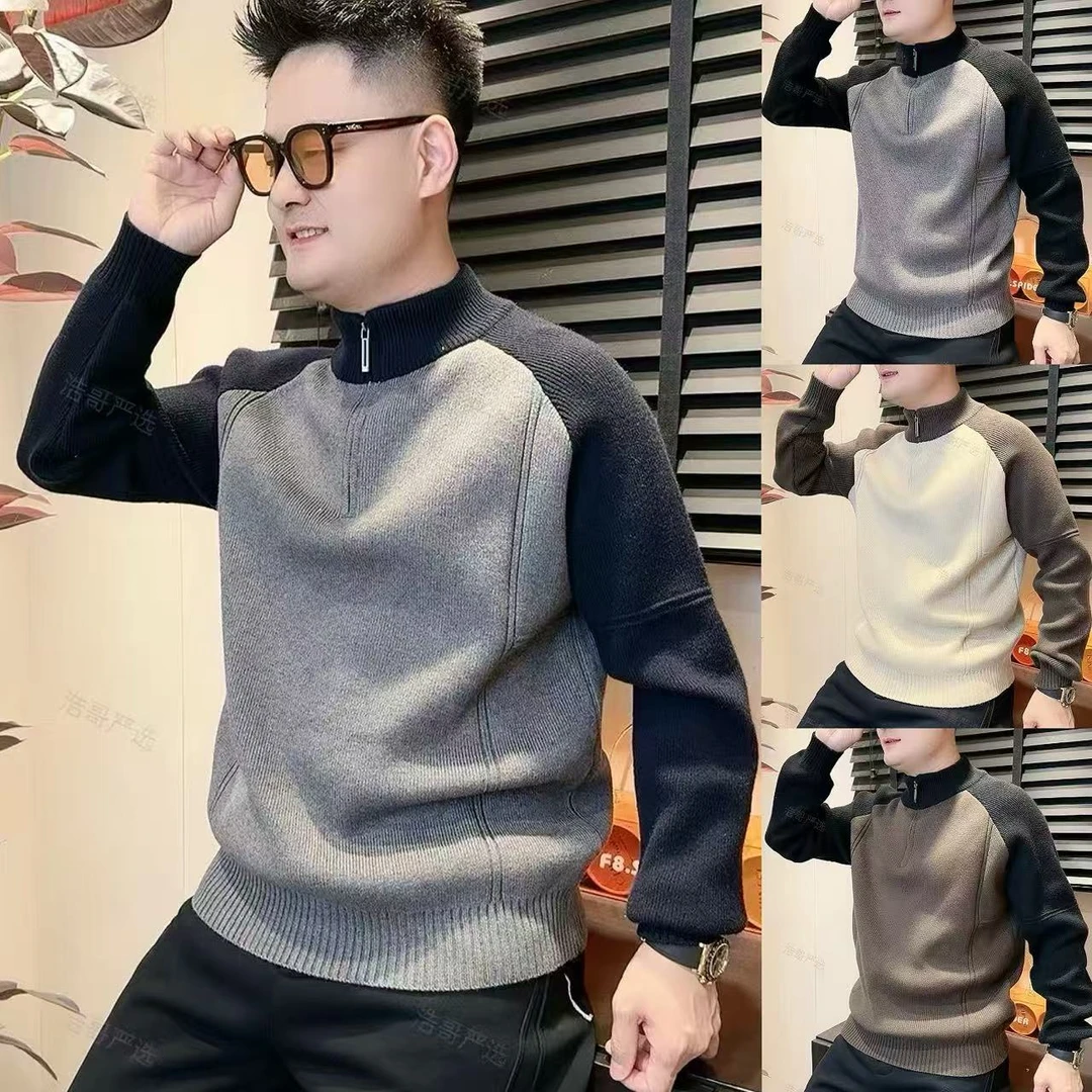 冬季针织拼接撞色半拉链毛衣冬季新款保暖加厚针织衫毛衣8132