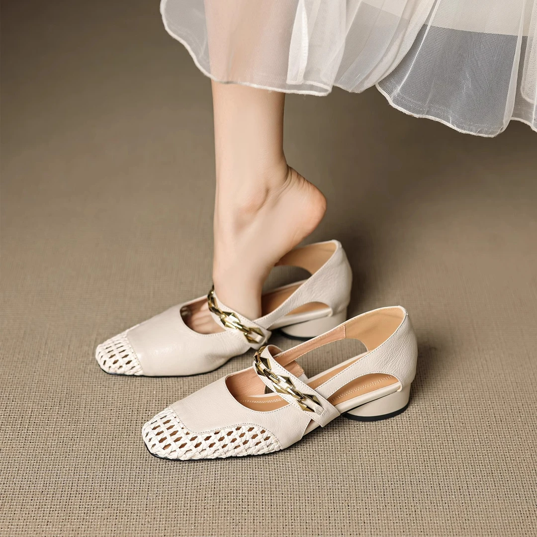 法式复古透气时尚浅口单鞋女2025年新款夏季编织镂空粗跟休闲凉鞋