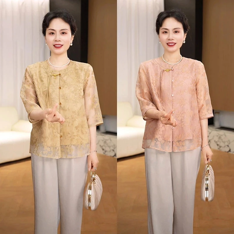 妈妈夏装短袖小衫洋气套装2025新款中老年女装时尚t恤上衣两件套