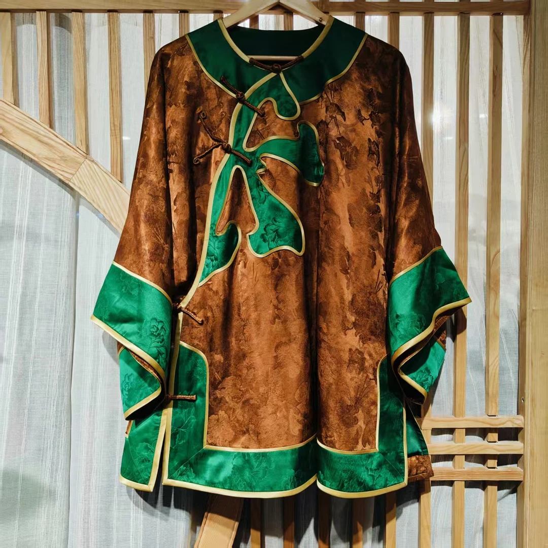 （LS555-1）凤徕兮私人定制桔黄暗纹底拼绿色斜襟盘扣太太服