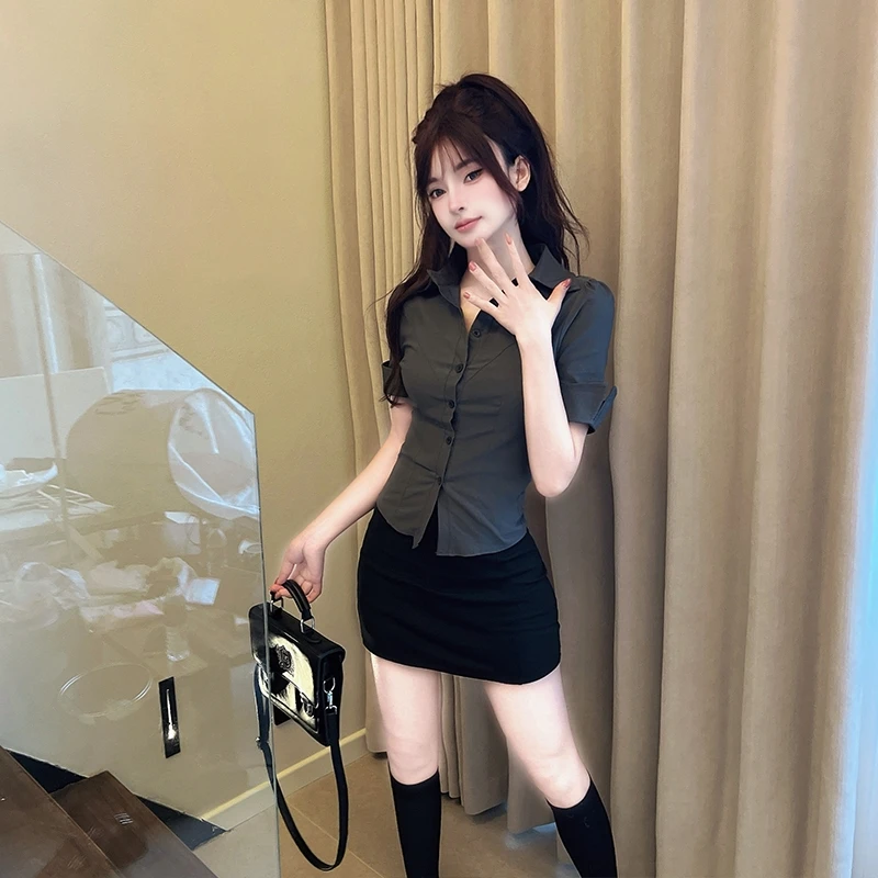 职业工作服收腰白衬衫女纯欲风设计感修身性感短袖衬衣OL制服套装