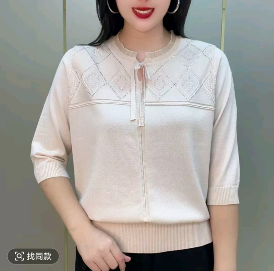 秋新款时尚妈妈百搭针织衫高级气质拼接花边领镂空烫钻七分袖毛衣