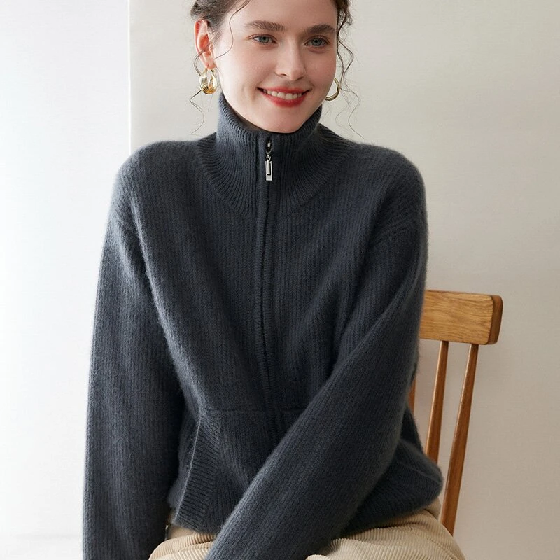 软糯慵懒双拉链毛衣外套女秋冬季翻领羊绒带兜开衫女宽松外搭上衣