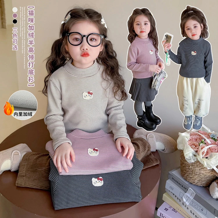 女童洋气内搭秋冬季条纹一体绒打底衫宝宝2025新款半高领加厚冬装