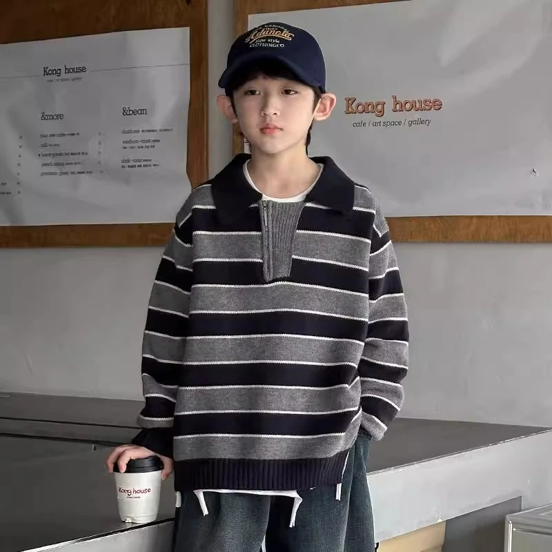 男童条纹毛衣秋冬款2025新款大儿童装冬季加厚打底针织衫男孩冬装