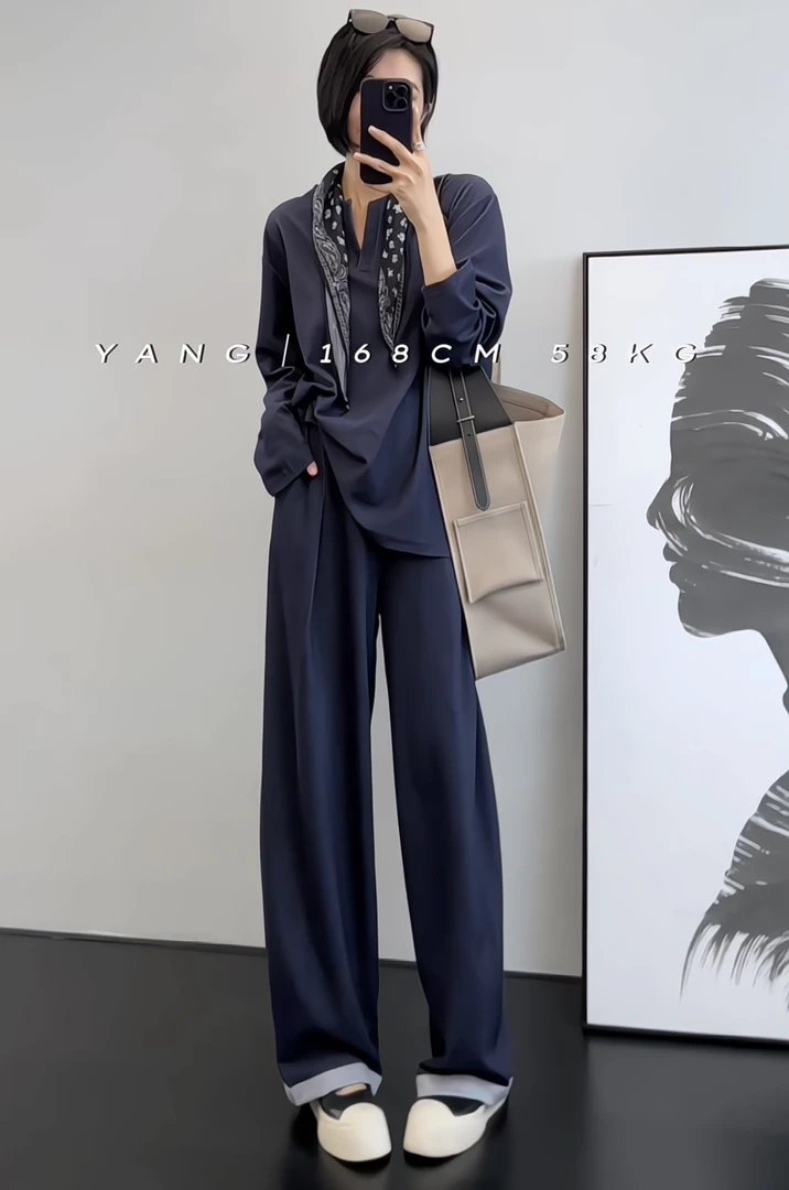 胡贰样「布鲁套装」微胖大码秋季V领长袖高腰阔腿裤套装G9076&9077