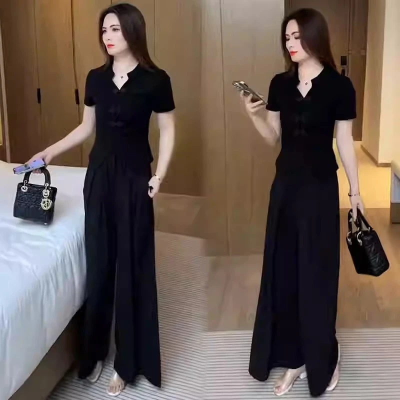 La babite时尚套装夏季新款时髦洋气国风短袖T恤阔腿裤气质两件套