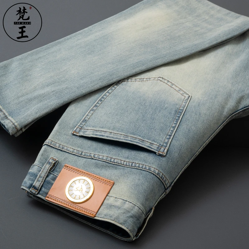 FANWANG/梵王春夏牛仔裤男修身小脚弹力浅色薄款复古怀旧休闲长裤