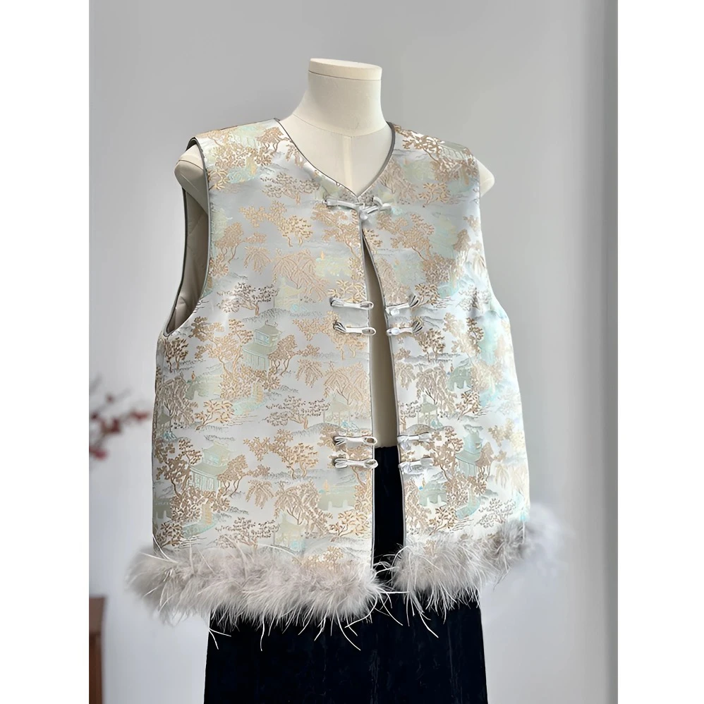 新中式盘扣丝缎提花加棉复古网红马甲新国风马夹