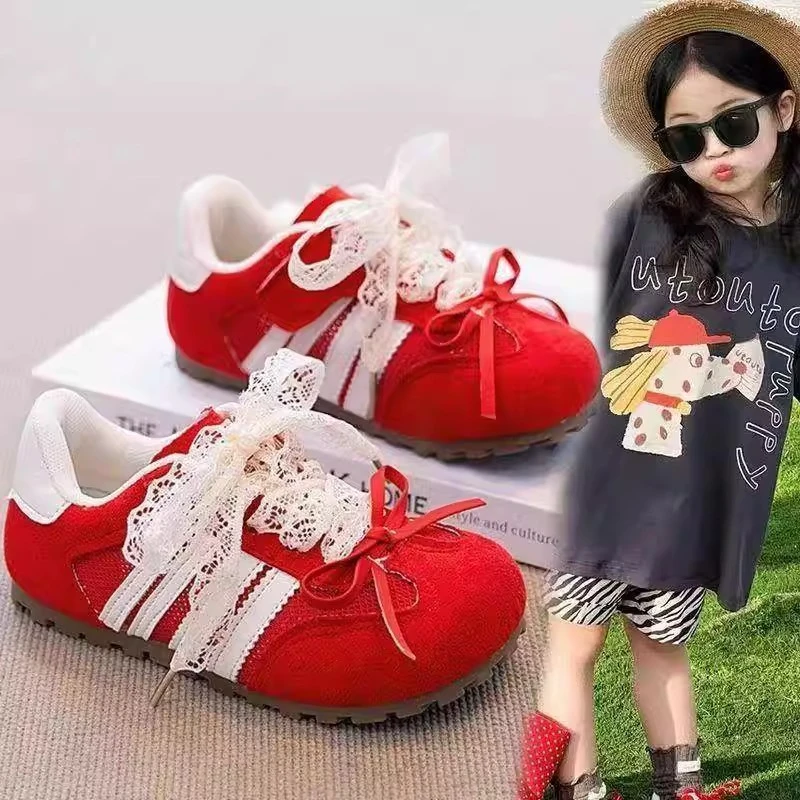 ABC女童鞋2025夏新款儿童单网透气德训鞋女孩薄款蕾丝蝴蝶结单鞋