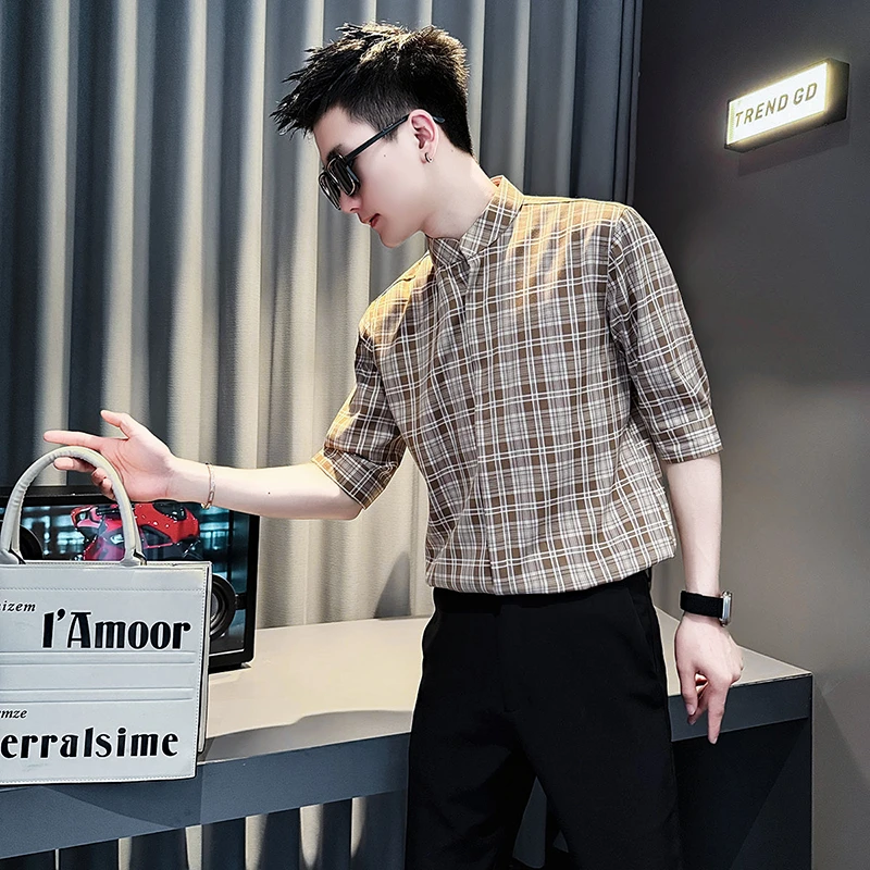 格子立领衬衫男款短袖夏季2025新款爆款潮牌高档男士休闲中袖衬衣